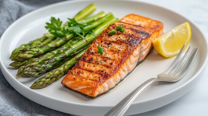 Grilled Salmon with Roasted Asparagus and Lemon