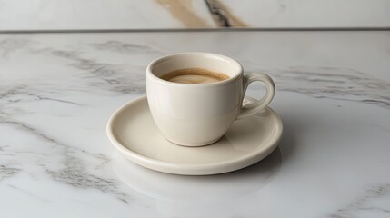 A clean photo of a single espresso cup styled on a light marble surface. background
