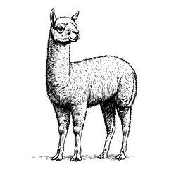 Fototapeta premium Engraved vector illustration of a standing llama with intricate detailing and realistic fur texture