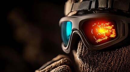 Close-up of a masked individual wearing high-tech goggles with digital display effects