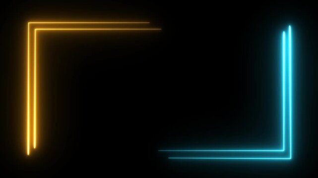 Blue and yellow laser effect neon glowing frame background. repetitive motion animation and flashing. Bright neon light effect isolated on black. 4K graphic animation video