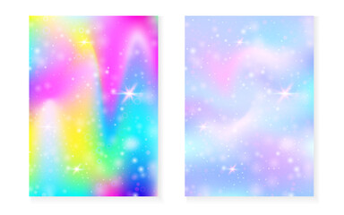 Fototapeta premium Magic background with princess rainbow gradient. Kawaii unicorn hologram.