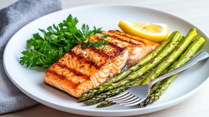 Grilled Salmon with Roasted Asparagus and Lemon on White Plate
