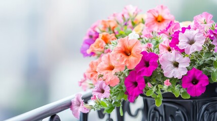 Obraz premium Colorful petunias blooming in flower box on urban balcony