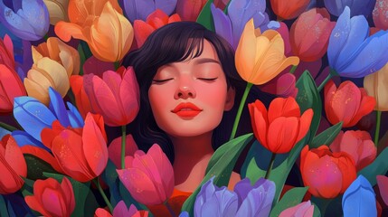Cartoon illustration of serene young woman with closed eyes surrounded by vibrant orange tulips, enjoying the fragrant beauty of a spring garden