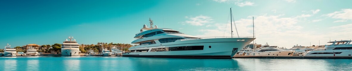 Fototapeta premium A luxury yacht anchored in a quiet bay, surrounded by other vessels and set against a backdrop of elegant coastal architecture, perfect for representing high-end tourism.