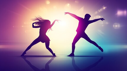 Fototapeta premium Dynamic dance silhouettes in colorful light.