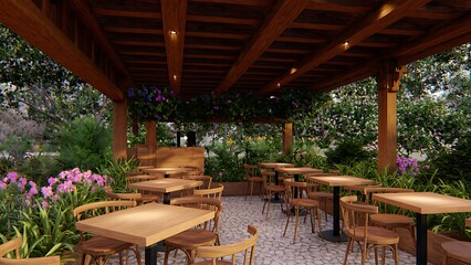 Obraz premium Cozy Garden Café – Outdoor Seating with Natural Charm
