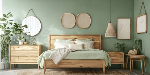 A beautifully decorated bedroom with neutral colors and natural elements