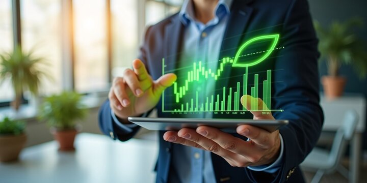 A professional financial advisor pointing at a green stock market chart displayed on a digital tablet