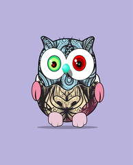 Cute Cartoon Owl with Intricate Zentangle Patterns and Tribal Art Modern Tribal Owl Mascot with Green and Red Eyes