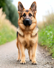 Fototapeta premium Alert Shepherd stands on a path, looking forward, with blurry green background