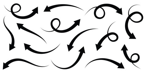 Curved Arrows sign. Set of curved arrows isolated on white background. Arrow twisted in various directions. Collection of pointers. Vector illustration. EPS 10