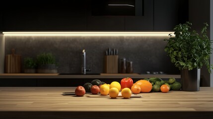 A minimalist kitchen with fresh fruits and vegetables on a wooden countertop, soft-focus lighting. digital