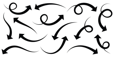 Curved Arrows sign. Set of curved arrows isolated on white background. Arrow twisted in various directions. Collection of pointers. Vector illustration. EPS 10