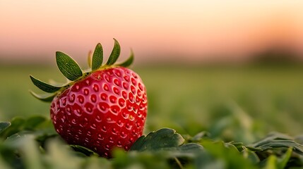 Strawberry ripens in field at sunset. Ads for healthy eating, or fresh farm produce