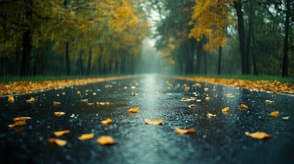 Obraz premium Autumn rain on park road