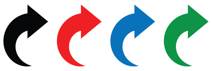 Curved arrows set. Curved arrows. Arrow sign. Curved arrow pointing right. Black, red, blue and green curved arrow.