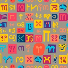 Cultural Symbols: A vibrant and colorful collection of stylized cultural symbols, arranged in a playful and repeating pattern on a subtle background, evokes curiosity and fascination. 