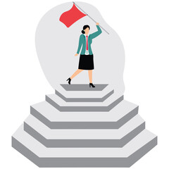 Businesswoman Standing on Top with Flag  Success ,and Achievement Concept Adobe Illustration