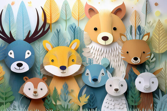 Colorido dibujo de dibujos animados con animales del bosque lindos y caras soleadas en un fondo ligero