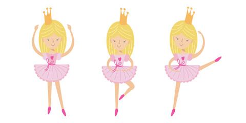 Cute ballerina princess in pink tutu and crown dancing. Vector illustration of adorable blonde girl in ballet poses. Childlike  and playful design for kids, fairytale themes, and decorations.
