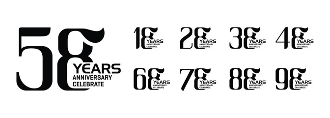 Collection of 8th to 98th anniversary logo designs with black numbers on a white background for celebration events, congratulations, invitations