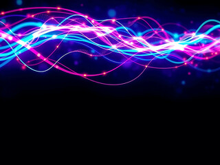A dynamic abstract digital artwork featuring neon electric light waves in vibrant blue, pink, and red tones against a dark background, creating a futuristic and energetic visual.