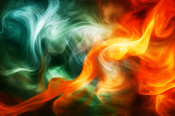 Fototapeta premium A dynamic abstract swirl of clouds in vibrant orange and green hues, blending and twisting, evoking energy and movement, creating a bold and surreal atmosphere