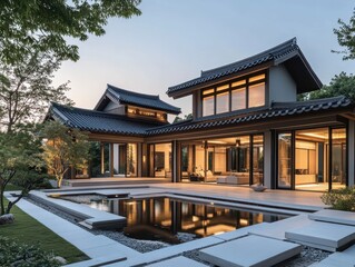 Obraz premium Luxurious modern home featuring beautiful architecture and serene water feature