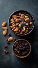 Overhead View of Two Bowls of Mixed Nuts and Raisins on a Dark Background