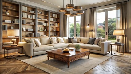 Elegant Living Room Interior Design Featuring a Sectional Sofa, Built-in Bookshelves, and Hardwood Floors