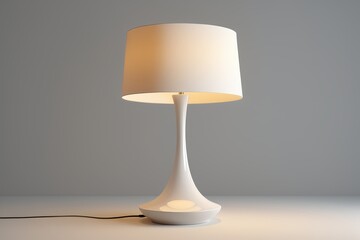 a close up of a lamp on a table with a white shade