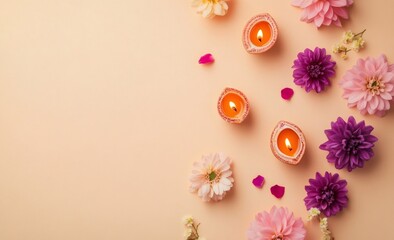 Glowing diyas, vibrant petals adorning light orange backdrop, capturing festive diwali spirit with warm, inviting composition and ample space