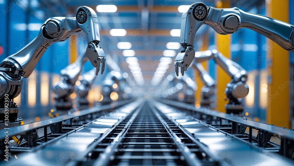 Poster advanced robotic arms operating on a factory assembly line with precision and efficiency in a modern