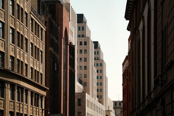 Cityscape featuring a row of historic and modern buildings under a clear sky