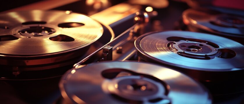 Close-up of vintage reel-to-reel tape recorders in warm light, highlighting the mechanical precision and analog nostalgia of a bygone era.