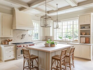 Beautiful modern kitchen with island and decorative hanging lights
