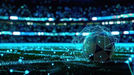 A colorful soccer ball surrounded by a futuristic digital interface displaying charts, graphs and numbers illustrating the combination of sports and technology in online betting analysis.