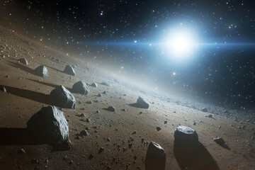 A detailed illustration of an asteroid belt with rocky fragments illuminated by a distant star, creating a rugged, expansive, and mysterious cosmic scene