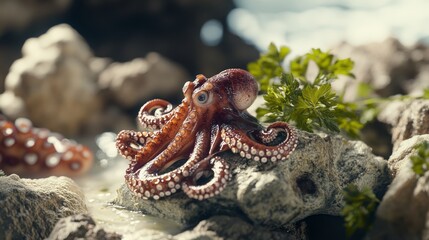 Reddish Brown Octopus on Rocks near Ocean Water
