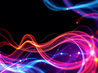 Naklejka premium A dynamic abstract digital artwork featuring neon electric light waves in vibrant blue, pink, and red tones against a dark background, creating a futuristic and energetic visual.