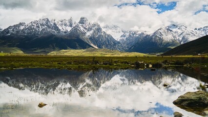 View of Zhangde Grassland and Mount Jarjinjabo, Batang, Garze, Sichuan