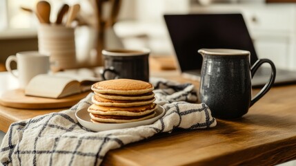Fototapeta premium Stack of Pancakes and Coffee on Wooden Table in Cozy Kitchen Setting