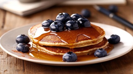 Two Golden Brown Pancakes Topped with Fresh Blueberries and Maple Syrup on a Rustic Wooden Table