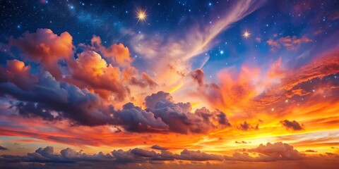 Fiery Sunset Cloudscape with a Celestial Display of Sparkling Stars and a Radiant Evening Star