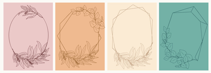 Set of vintage card templates with eucalyptus geometric frames. Hand drawn trendy line art illustration with greenery branches and leaves. Elegant design for wedding invitations, save the date cards.