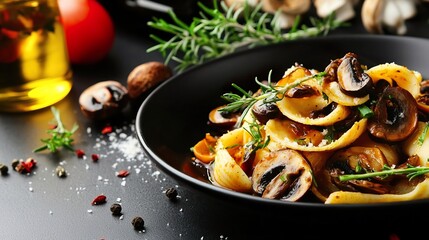 Delicious Pasta Dish with Mushrooms and Fresh Herbs on Dark Background