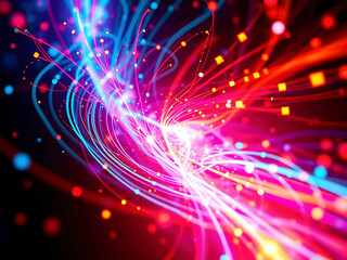 Fototapeta premium A dynamic abstract digital artwork featuring neon electric light waves in vibrant blue, pink, and red tones against a dark background, creating a futuristic and energetic visual.
