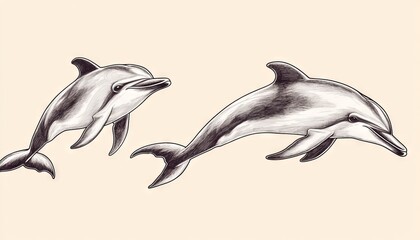Fototapeta premium Two dolphins jumping, vintage illustration style, light beige background